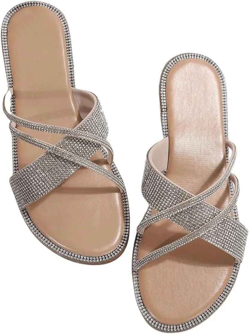 GORGLITTER Sparkly Sandals Rhinestone Strappy Flat Dressy Open Toe Slip on Slide Sandals