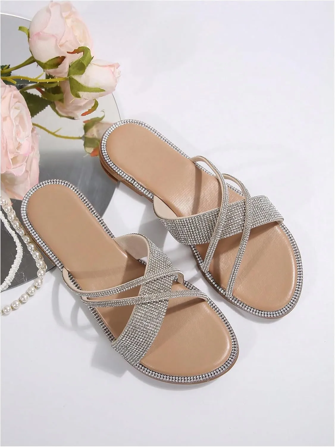 GORGLITTER Sparkly Sandals Rhinestone Strappy Flat Dressy Open Toe Slip on Slide Sandals