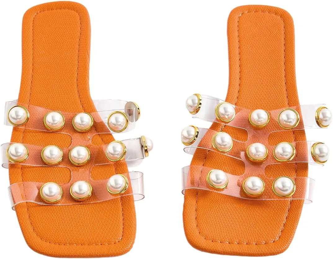 GORGLITTER Women's Flat H-band Slide Sandals Clear Strappy Slip On Shoes