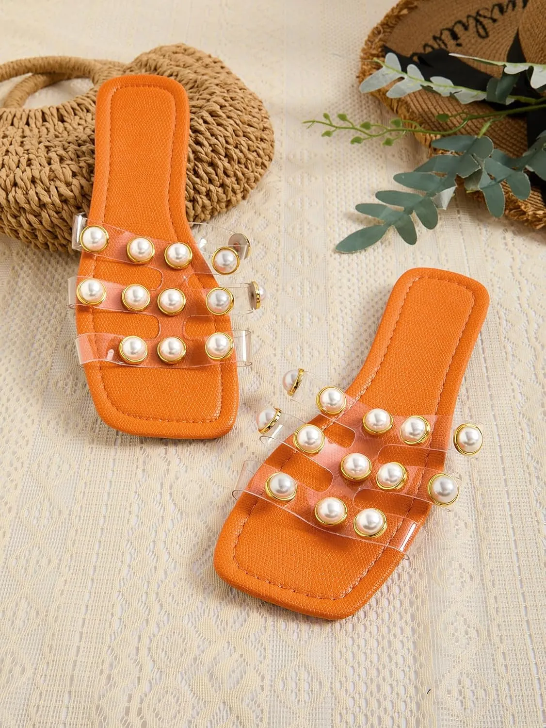 GORGLITTER Women's Flat H-band Slide Sandals Clear Strappy Slip On Shoes