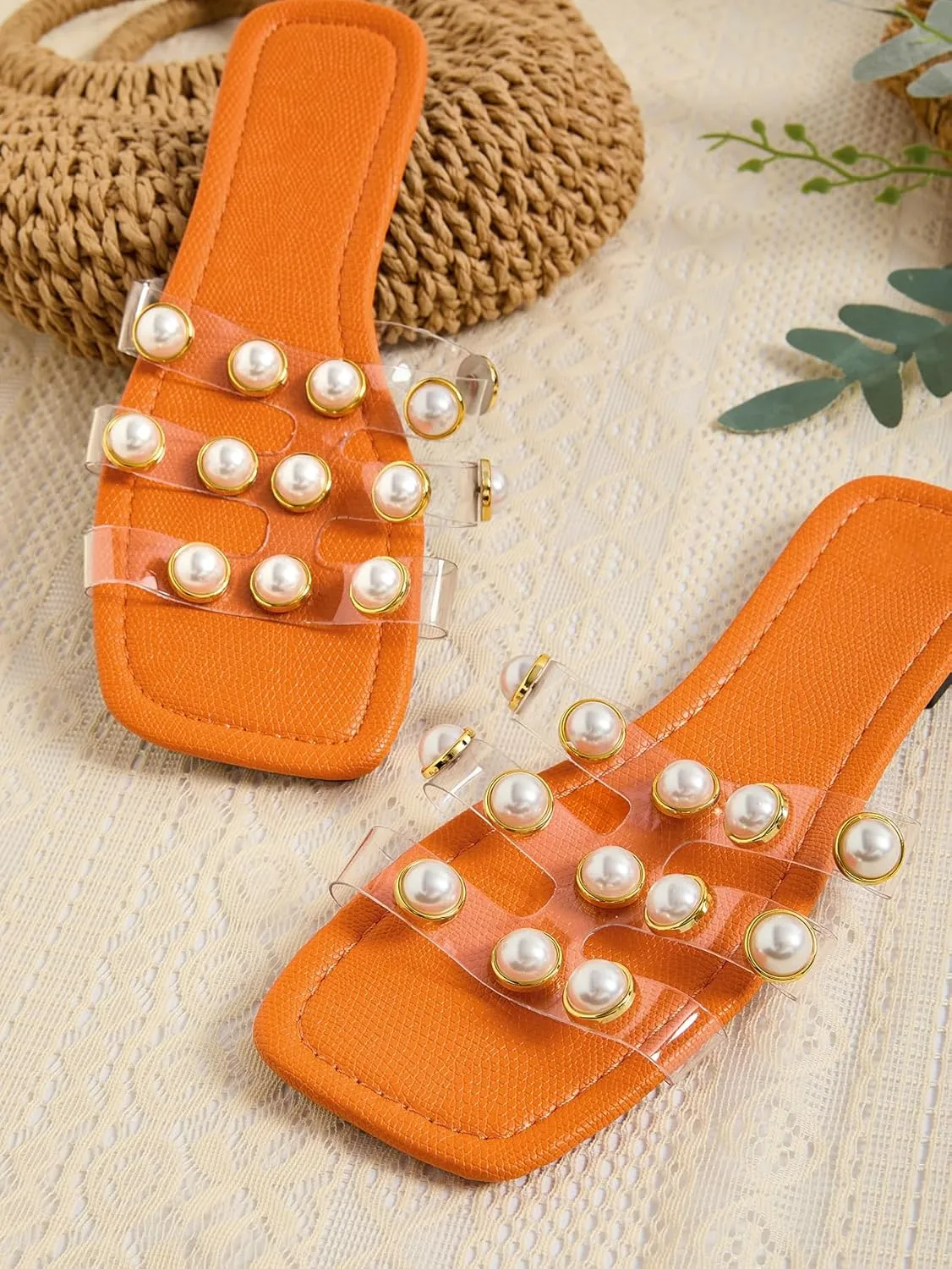 GORGLITTER Women's Flat H-band Slide Sandals Clear Strappy Slip On Shoes