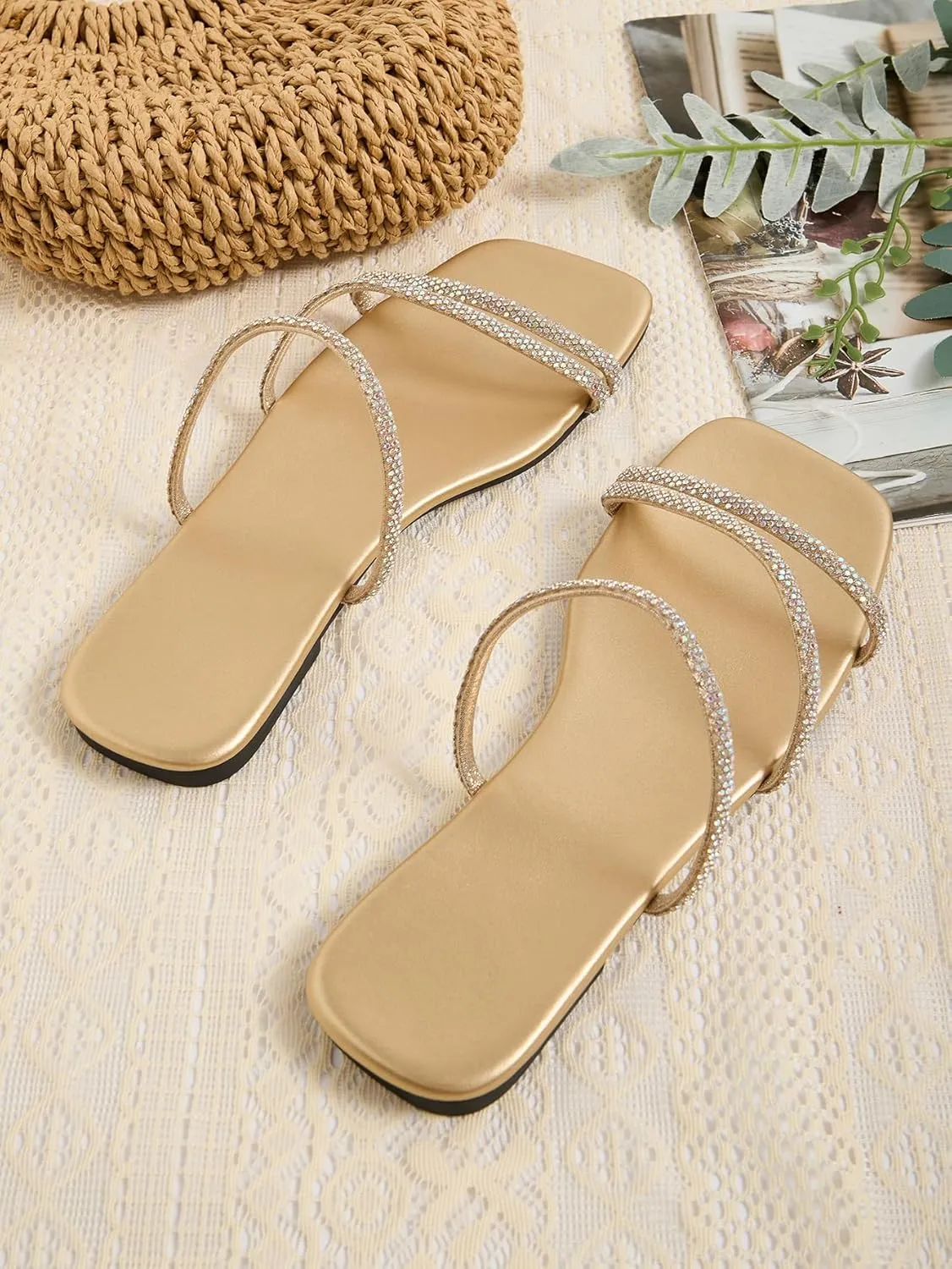 GORGLITTER Women's Rhinestone Flat Sandals Strappy Slip on Open Toe Slide Sandals