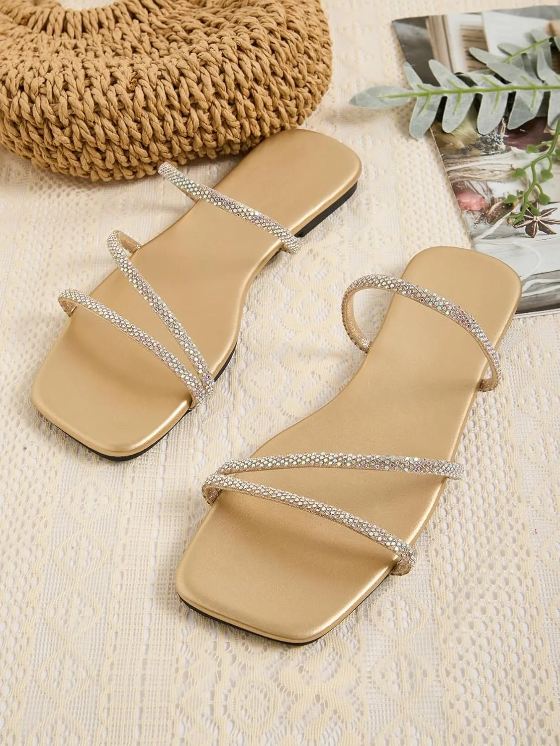 GORGLITTER Women's Rhinestone Flat Sandals Strappy Slip on Open Toe Slide Sandals