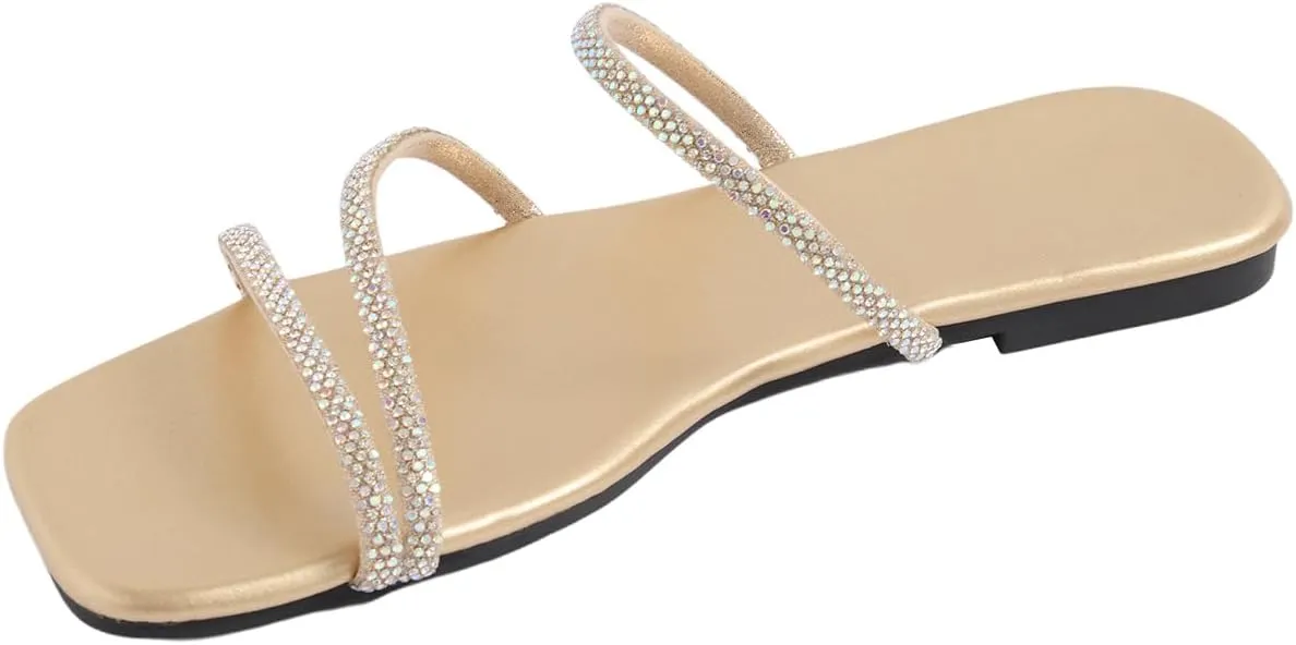 GORGLITTER Women's Rhinestone Flat Sandals Strappy Slip on Open Toe Slide Sandals