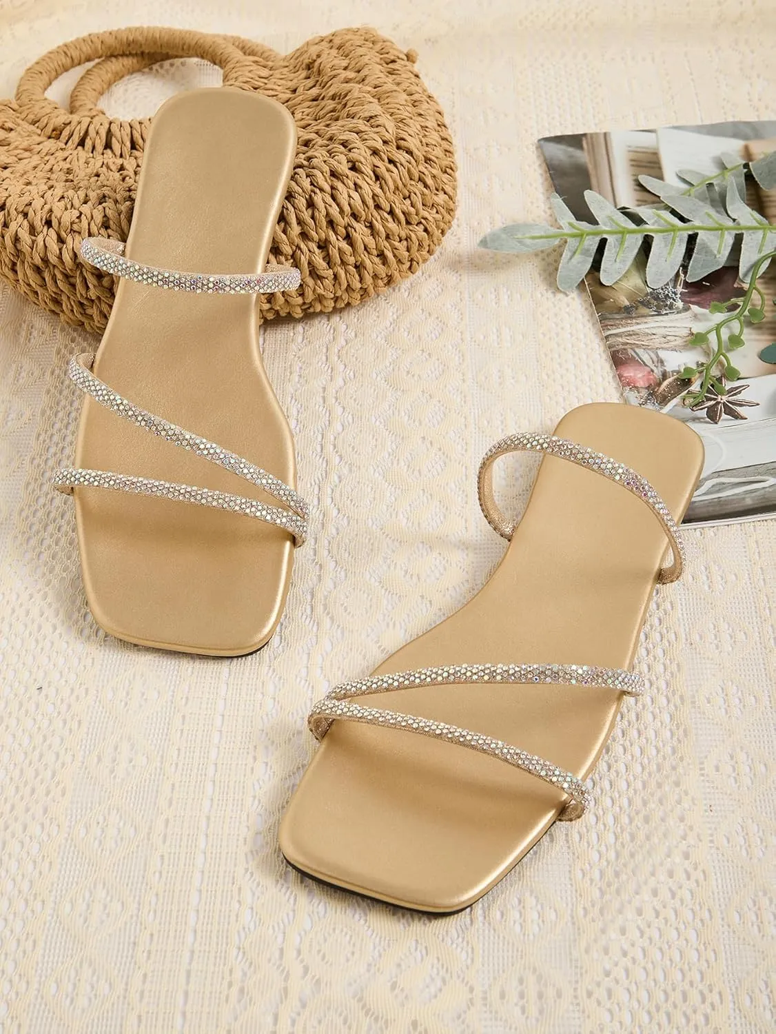 GORGLITTER Women's Rhinestone Flat Sandals Strappy Slip on Open Toe Slide Sandals