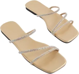 GORGLITTER Women's Rhinestone Flat Sandals Strappy Slip on Open Toe Slide Sandals