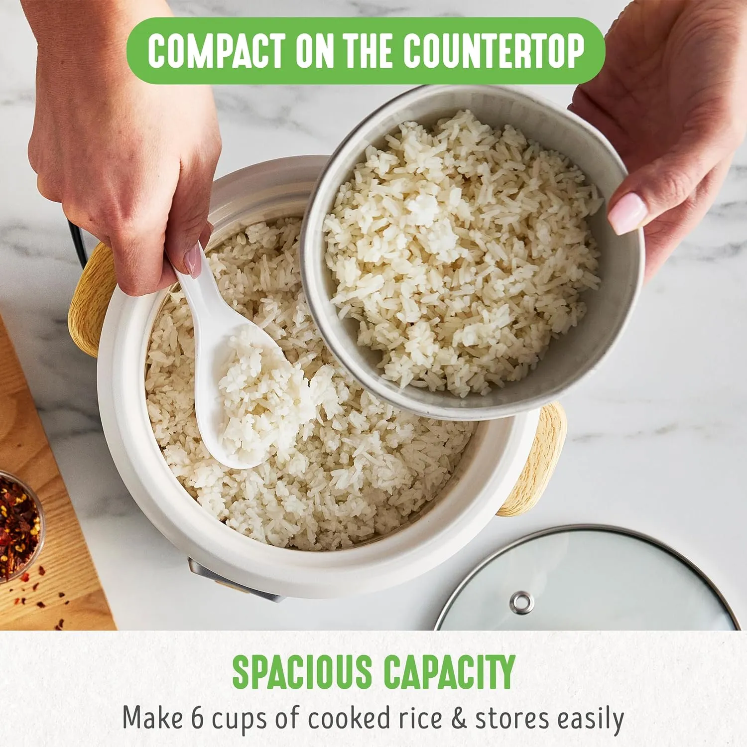 GreenLife 1.5 QT Electric Rice Cooker, Compact Small Size, 3-Cups Uncooked/6-Cups Cooked, PFAS-Free Removable Nonstick Pot Steamer, One-Touch Control, Wood Print Handle, Measuring Cup, 300W, Cream