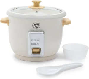 GreenLife 1.5 QT Electric Rice Cooker, Compact Small Size, 3-Cups Uncooked/6-Cups Cooked, PFAS-Free Removable Nonstick Pot Steamer, One-Touch Control, Wood Print Handle, Measuring Cup, 300W, Cream