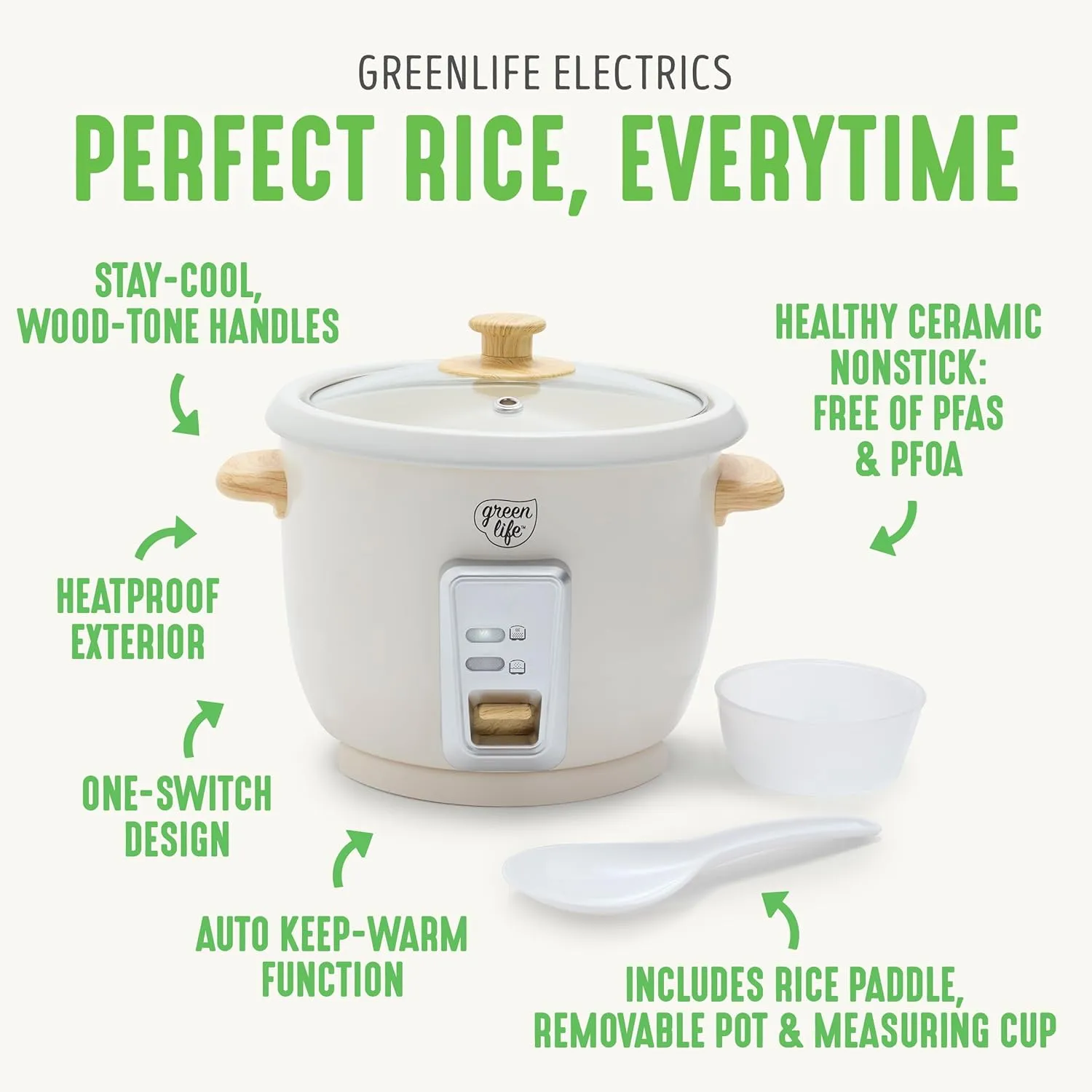GreenLife 1.5 QT Electric Rice Cooker, Compact Small Size, 3-Cups Uncooked/6-Cups Cooked, PFAS-Free Removable Nonstick Pot Steamer, One-Touch Control, Wood Print Handle, Measuring Cup, 300W, Cream