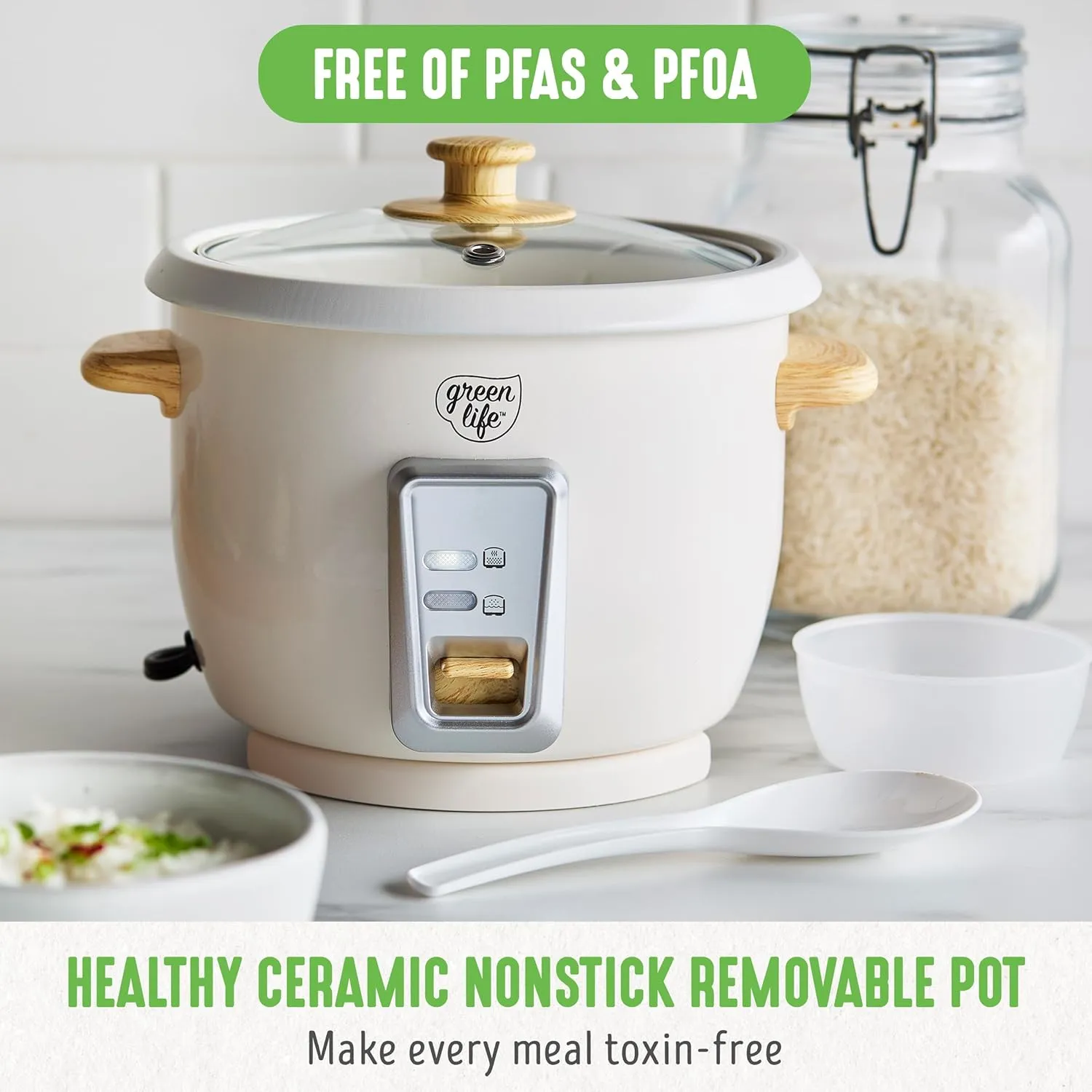 GreenLife 1.5 QT Electric Rice Cooker, Compact Small Size, 3-Cups Uncooked/6-Cups Cooked, PFAS-Free Removable Nonstick Pot Steamer, One-Touch Control, Wood Print Handle, Measuring Cup, 300W, Cream