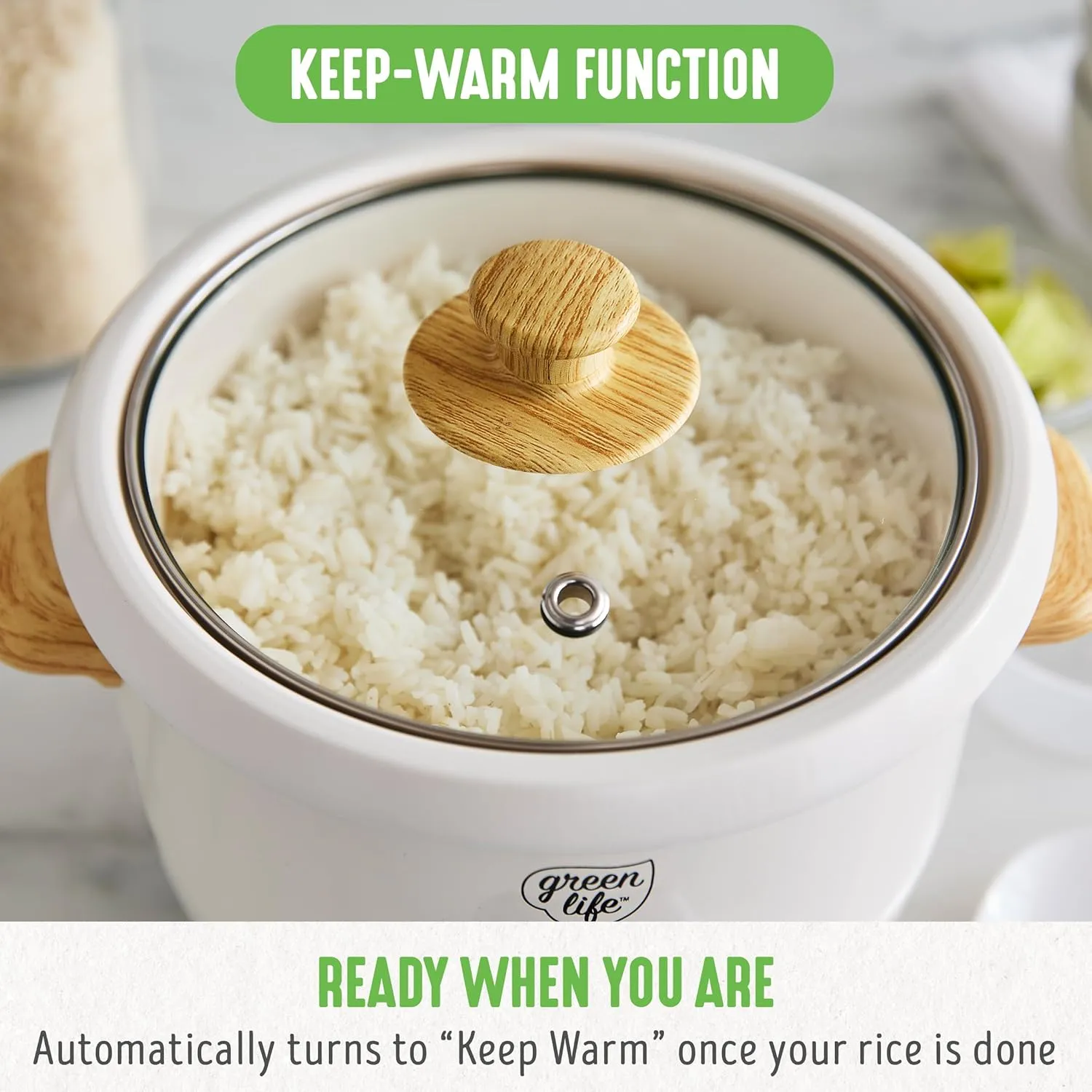 GreenLife 1.5 QT Electric Rice Cooker, Compact Small Size, 3-Cups Uncooked/6-Cups Cooked, PFAS-Free Removable Nonstick Pot Steamer, One-Touch Control, Wood Print Handle, Measuring Cup, 300W, Cream