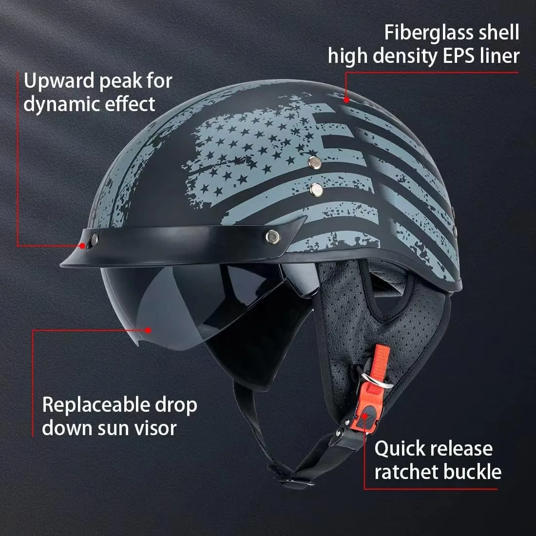 Half Helmet Motorcycle Men Women Adult Dot Certified Fiberglass Half Shell Vintage Helmet with Visor White Black Designed Graphics MH03