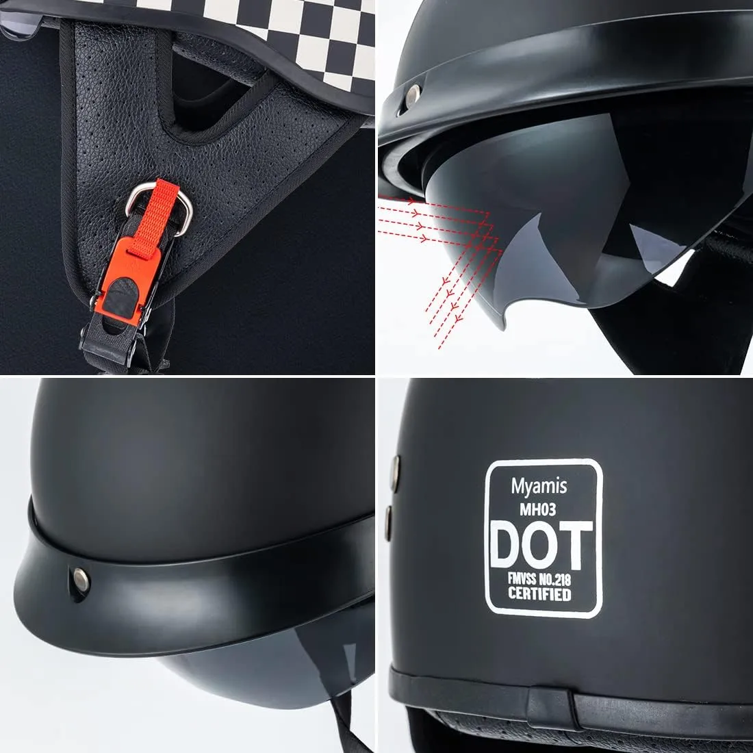 Half Helmet Motorcycle Men Women Adult Dot Certified Fiberglass Half Shell Vintage Helmet with Visor White Black Designed Graphics MH03