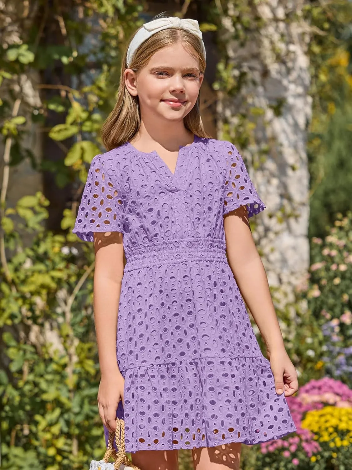 Haloumoning Girls Summer Dresses Kids V Neck A Line Hollow Out Party Mini Dress for 5-14 Years