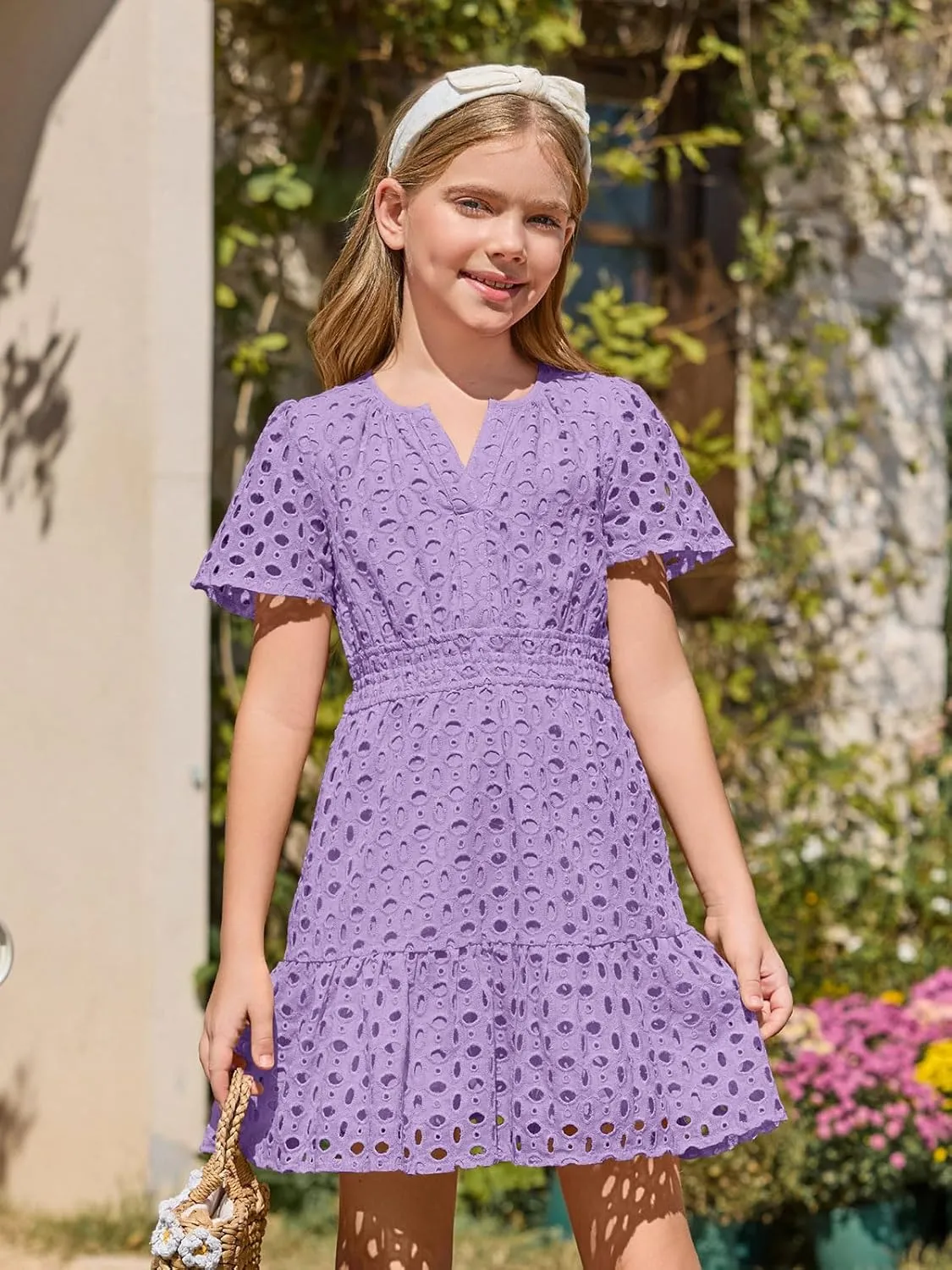 Haloumoning Girls Summer Dresses Kids V Neck A Line Hollow Out Party Mini Dress for 5-14 Years