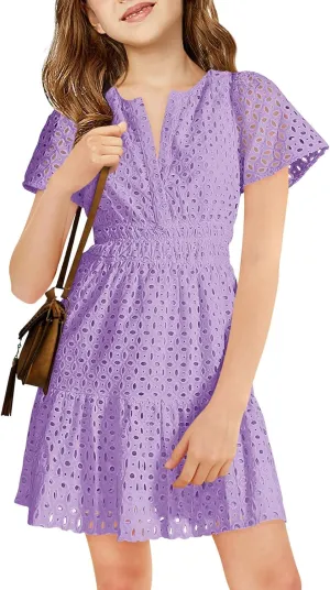 Haloumoning Girls Summer Dresses Kids V Neck A Line Hollow Out Party Mini Dress for 5-14 Years
