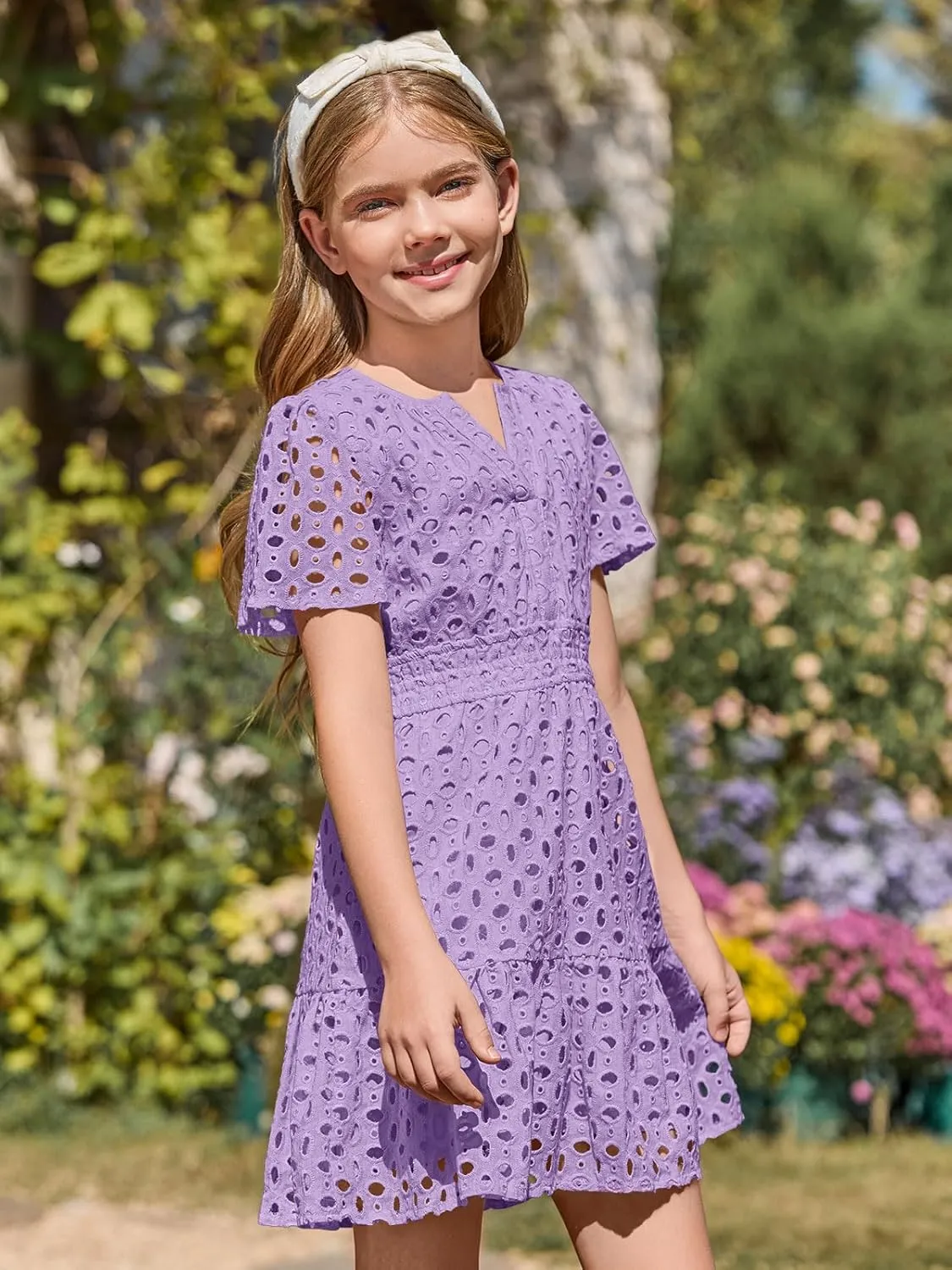 Haloumoning Girls Summer Dresses Kids V Neck A Line Hollow Out Party Mini Dress for 5-14 Years