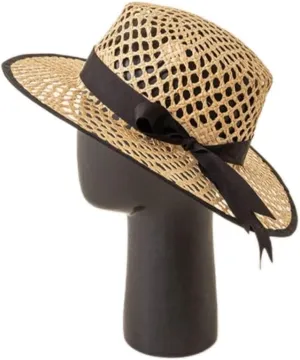 Hand-Woven Hollow Bow Knot Decoration Raffia Flat Top Hat Sun Protection Raffia Hat(D)