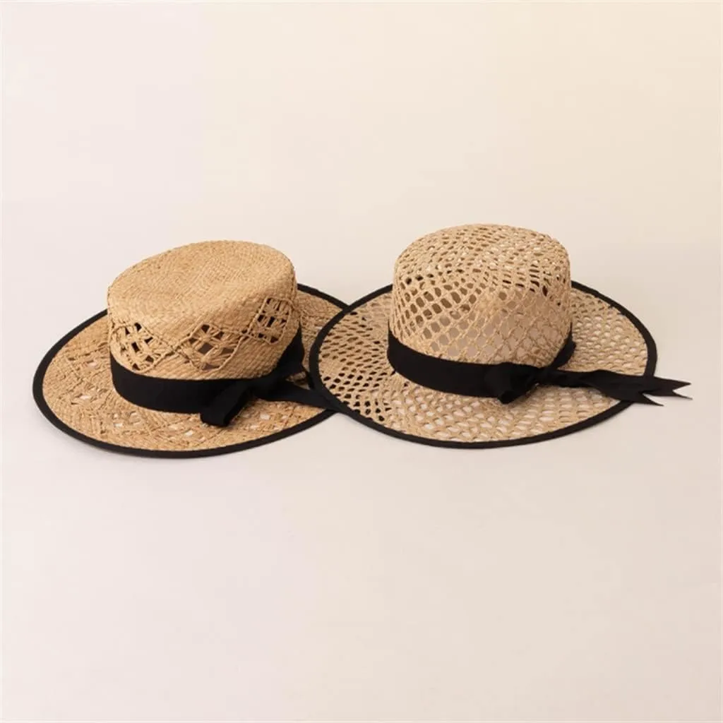 Hand-Woven Hollow Bow Knot Decoration Raffia Flat Top Hat Sun Protection Raffia Hat(D)