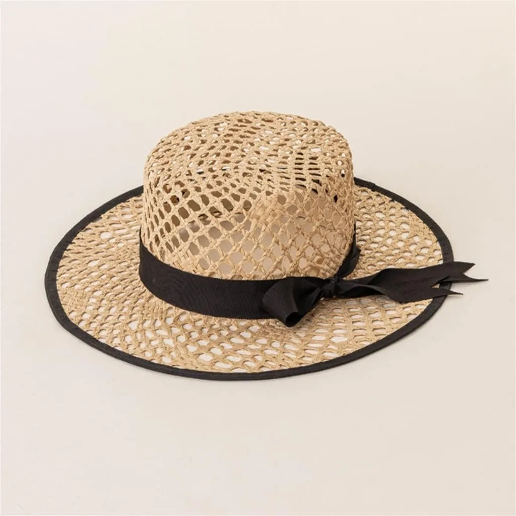 Hand-Woven Hollow Bow Knot Decoration Raffia Flat Top Hat Sun Protection Raffia Hat(D)