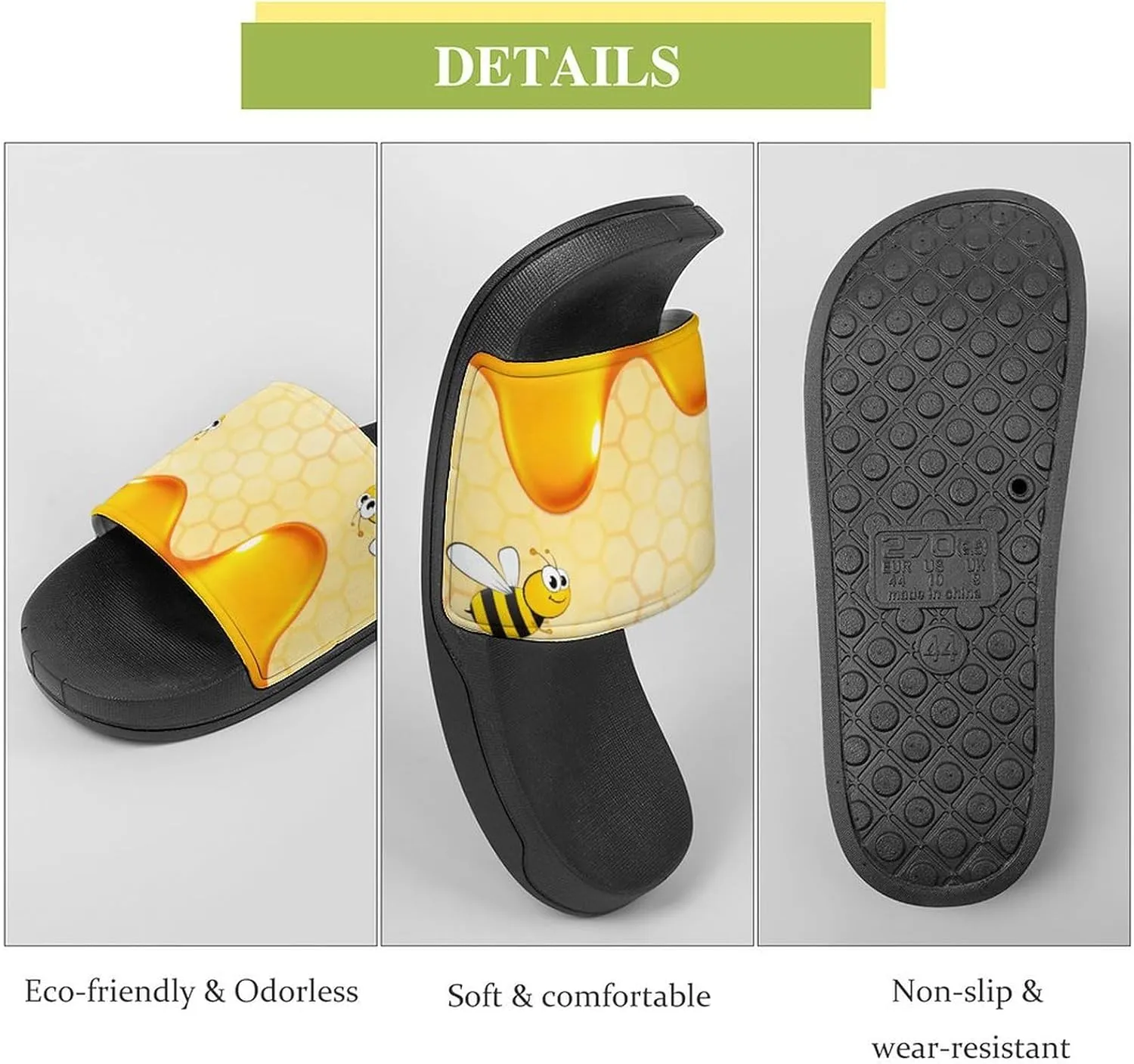 Happy Bumble Bees Yellow Womens Slide Sandals Non Slip Summer House Slippers for Girls Slip-on Flip Flops