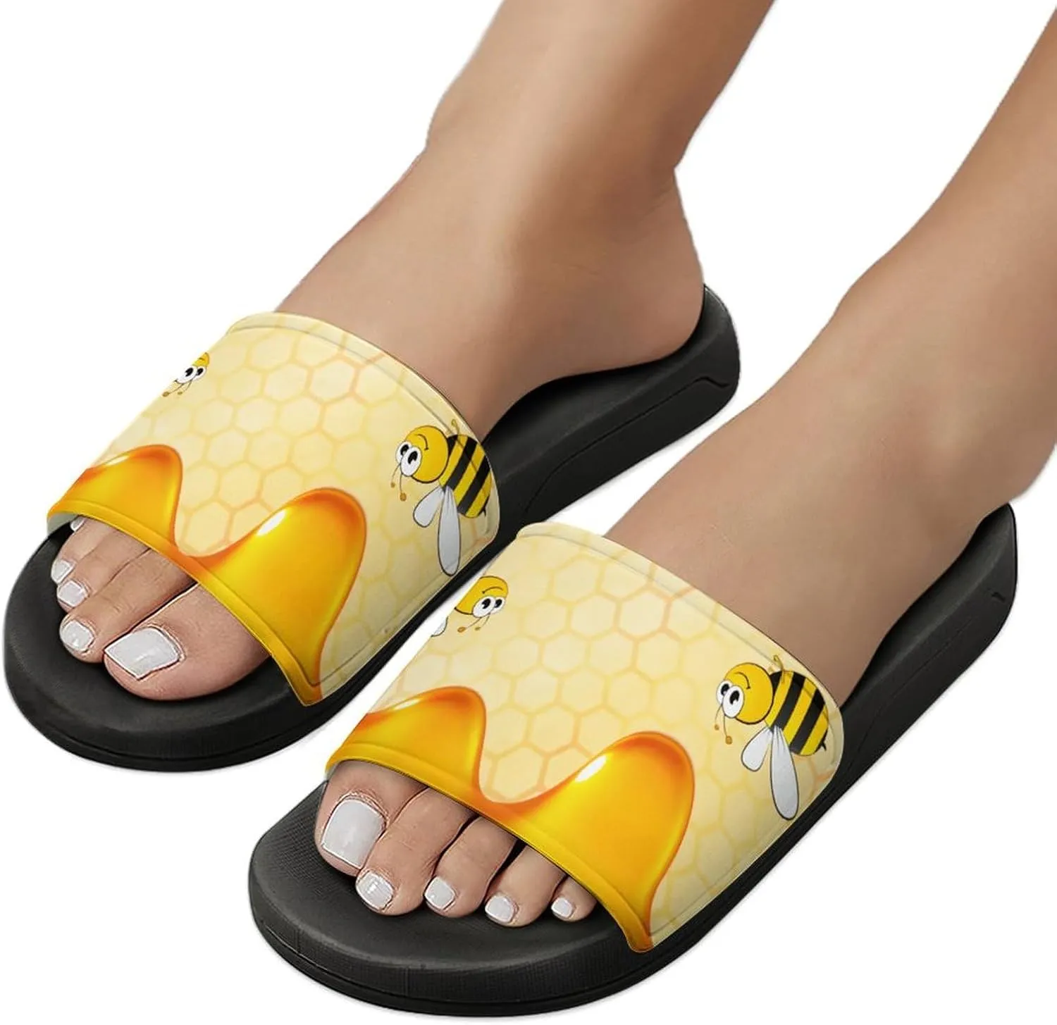 Happy Bumble Bees Yellow Womens Slide Sandals Non Slip Summer House Slippers for Girls Slip-on Flip Flops