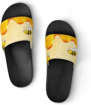 Happy Bumble Bees Yellow Womens Slide Sandals Non Slip Summer House Slippers for Girls Slip-on Flip Flops