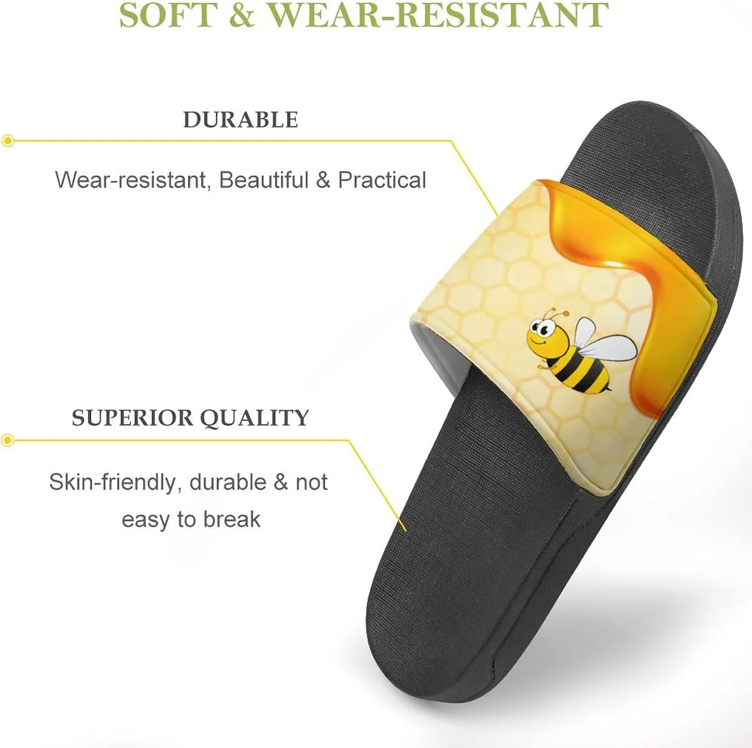 Happy Bumble Bees Yellow Womens Slide Sandals Non Slip Summer House Slippers for Girls Slip-on Flip Flops