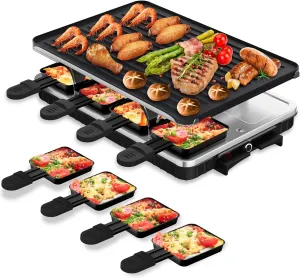 HBN Electric Raclette Grill with 8 Warming Trays, Reversible Grill Plate for Tabletop BBQ, Raclette Party Grill for Indoor Family Gatherings, Parties & Dining