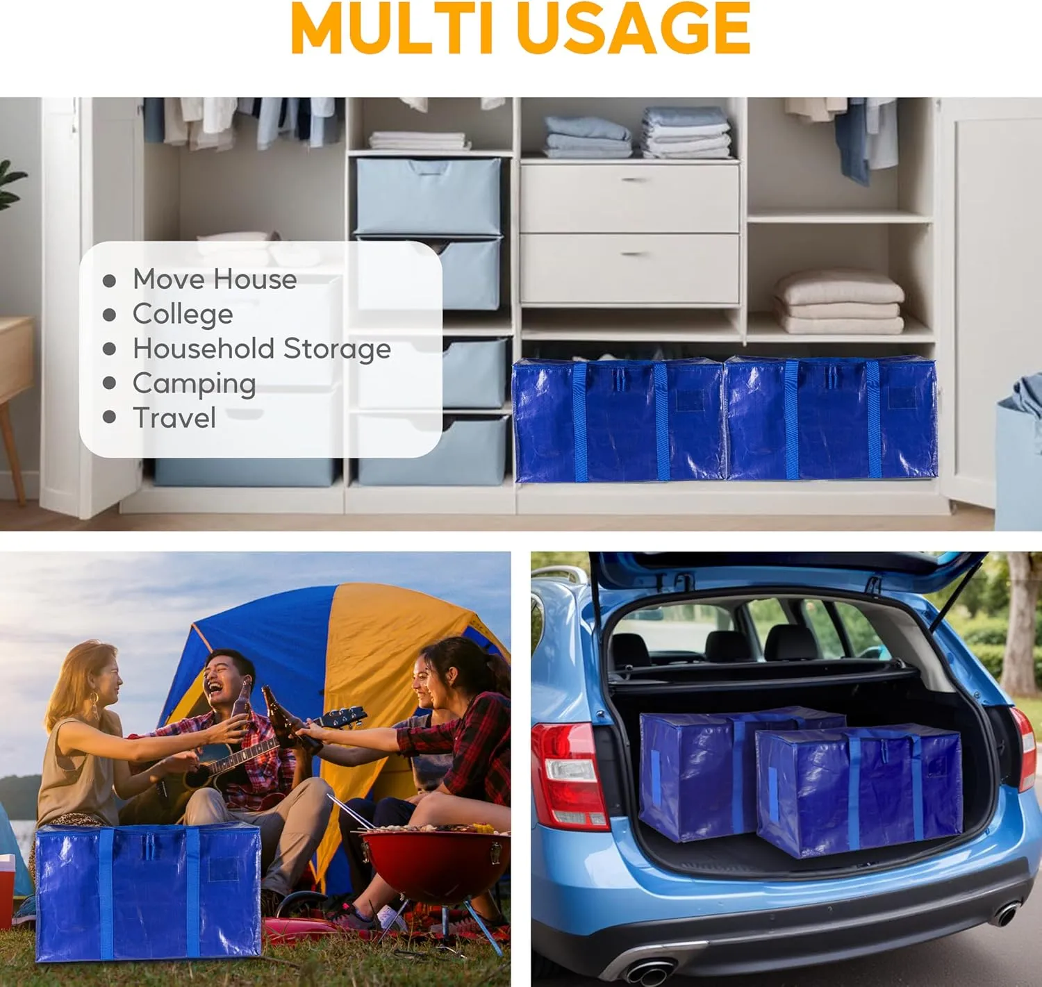 HealSmart 12 Pack Large Moving Bags with Zippers & Handles, Moving Supplies with lids, Heavy Duty Totes for Space Saving, Fold Flat, Moving and Storing, Blue