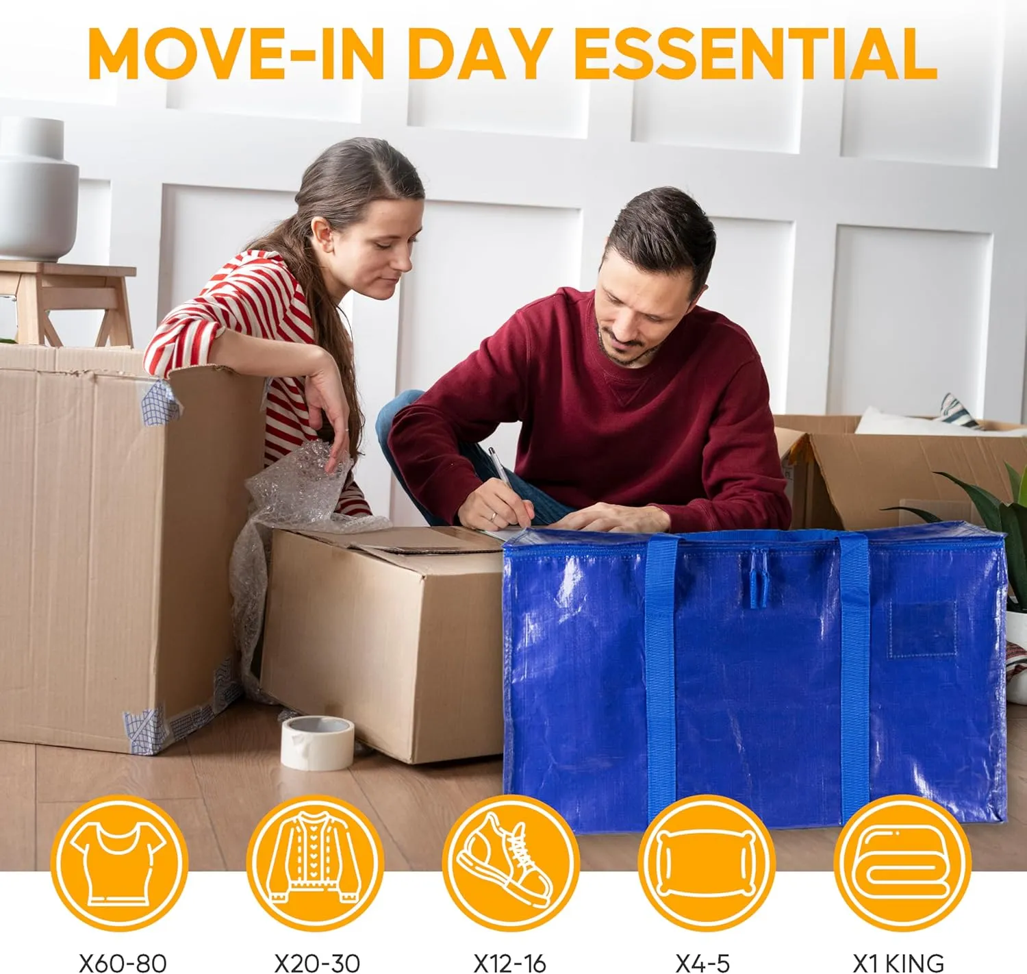HealSmart 12 Pack Large Moving Bags with Zippers & Handles, Moving Supplies with lids, Heavy Duty Totes for Space Saving, Fold Flat, Moving and Storing, Blue