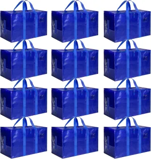 HealSmart 12 Pack Large Moving Bags with Zippers & Handles, Moving Supplies with lids, Heavy Duty Totes for Space Saving, Fold Flat, Moving and Storing, Blue