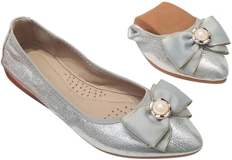 Hee grand Women Foldable Ballet Flats Bling Rhinestones Soft Leather Pointy Toe Flats Sparkle Wedding Dress Shoes Comfort Slip on Loafers Big Size