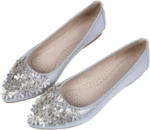Hee grand Women Foldable Ballet Flats Bling Rhinestones Soft Leather Pointy Toe Flats Sparkle Wedding Dress Shoes Comfort Slip on Loafers Big Size