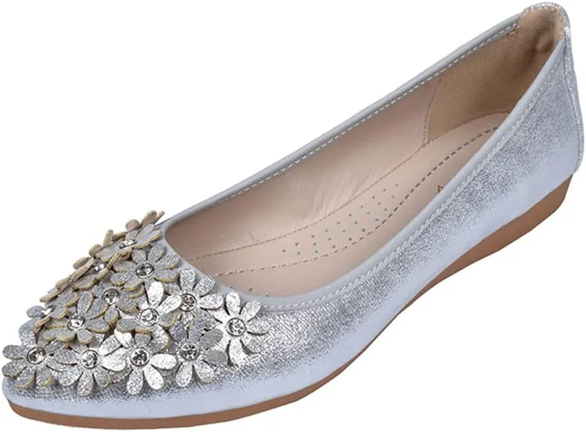 Hee grand Women Foldable Ballet Flats Bling Rhinestones Soft Leather Pointy Toe Flats Sparkle Wedding Dress Shoes Comfort Slip on Loafers Big Size