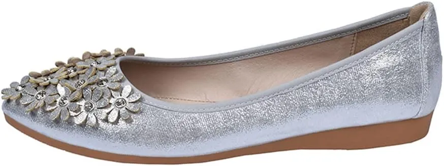 Hee grand Women Foldable Ballet Flats Bling Rhinestones Soft Leather Pointy Toe Flats Sparkle Wedding Dress Shoes Comfort Slip on Loafers Big Size