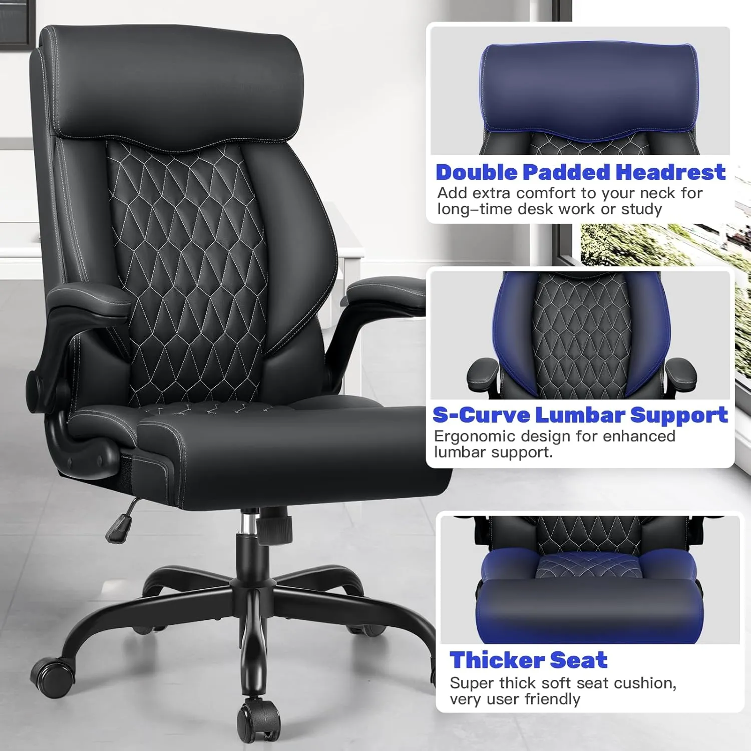 High Back Executive Office Chair - Ergonomic Computer Desk With Rocking Function, Leather Managerial With Adjustable Flip-Up Armrests and Lumbar Support