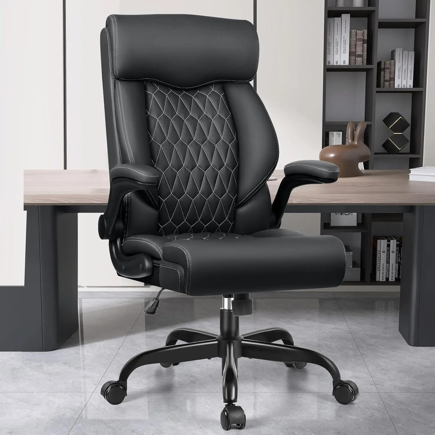 High Back Executive Office Chair - Ergonomic Computer Desk With Rocking Function, Leather Managerial With Adjustable Flip-Up Armrests and Lumbar Support