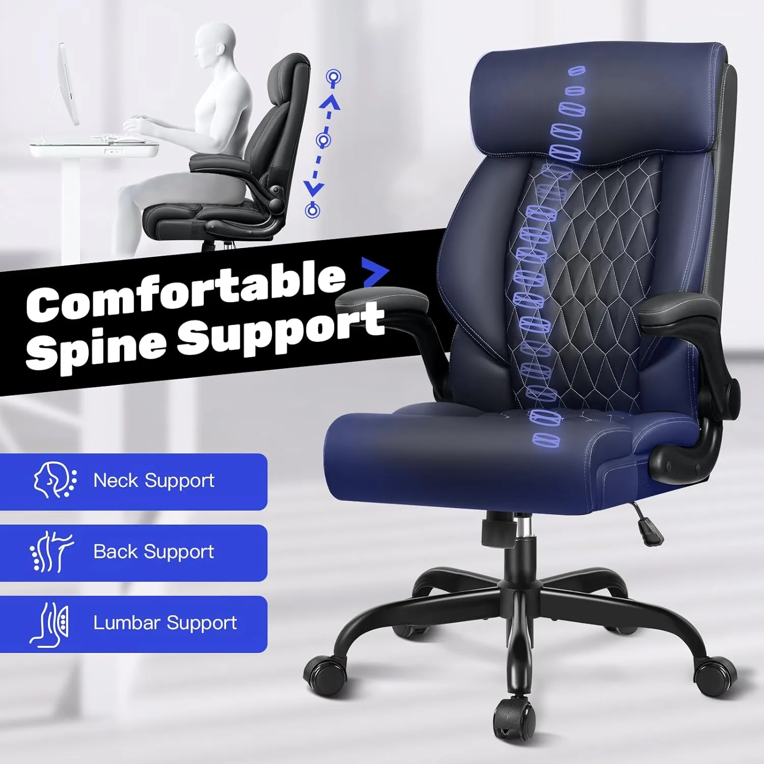 High Back Executive Office Chair - Ergonomic Computer Desk With Rocking Function, Leather Managerial With Adjustable Flip-Up Armrests and Lumbar Support