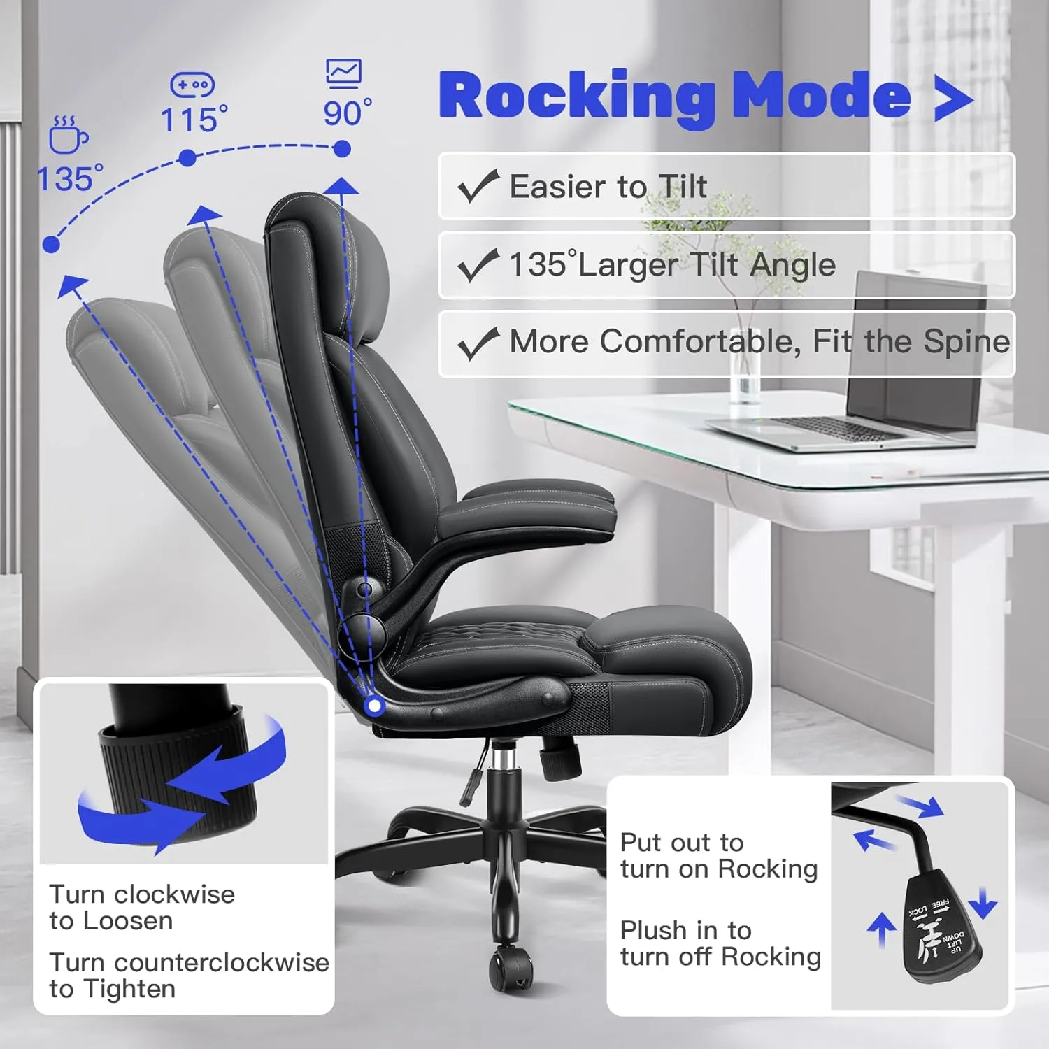 High Back Executive Office Chair - Ergonomic Computer Desk With Rocking Function, Leather Managerial With Adjustable Flip-Up Armrests and Lumbar Support