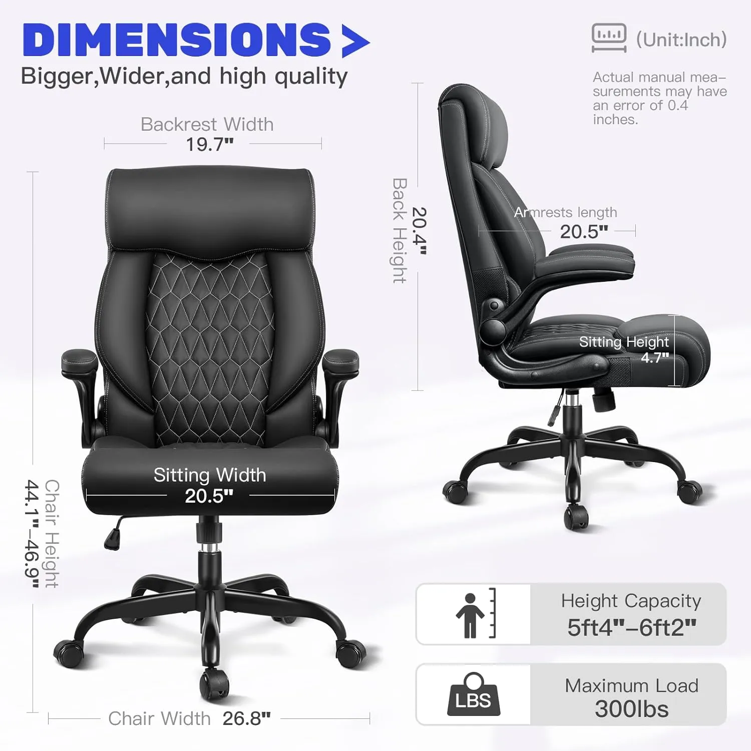 High Back Executive Office Chair - Ergonomic Computer Desk With Rocking Function, Leather Managerial With Adjustable Flip-Up Armrests and Lumbar Support