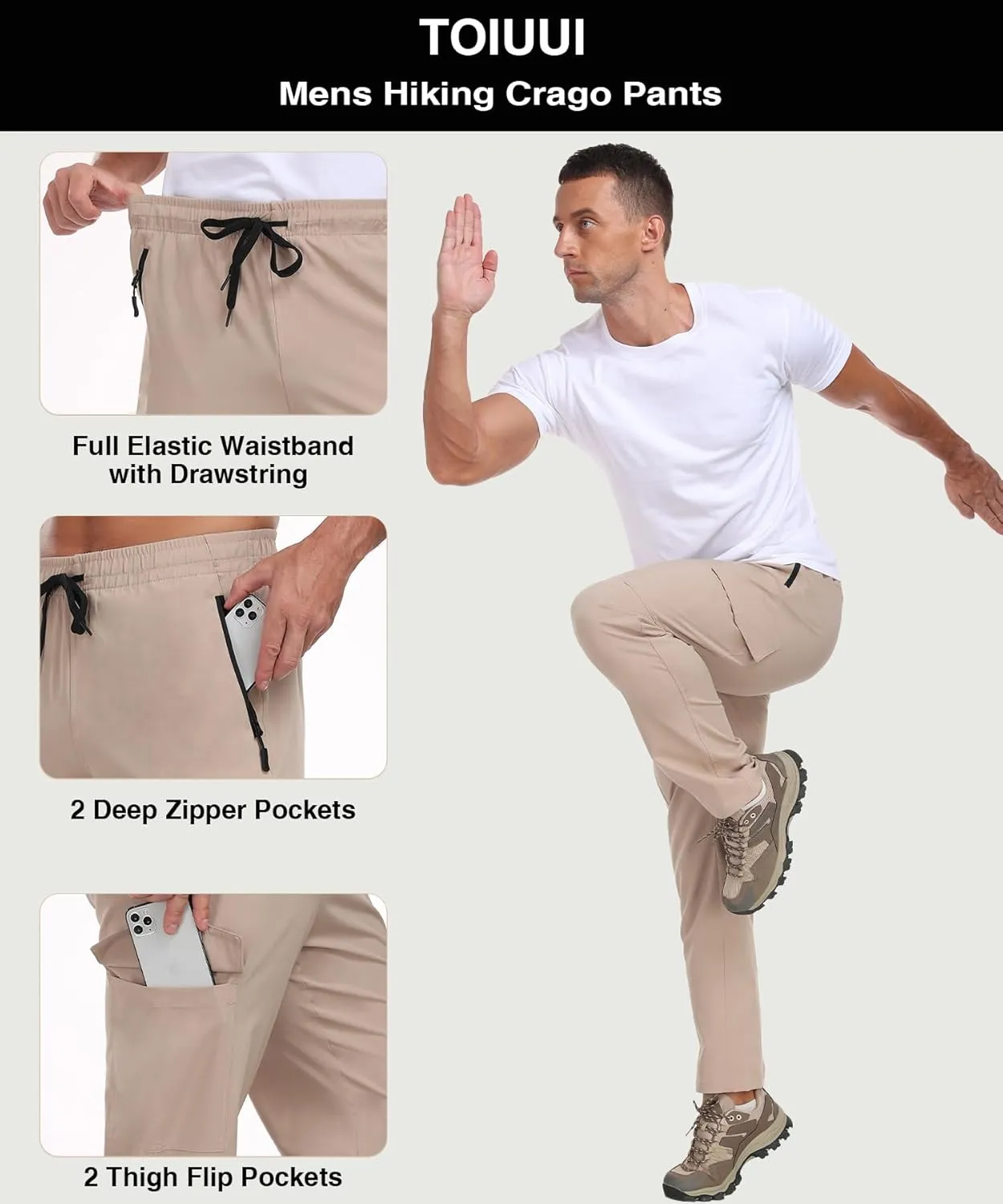 Hiking Pants Men Water Resistant Cargo Pants Lightweight Travel Pants with Zipper Pockets for Work Fishing Outdoor QYY24011