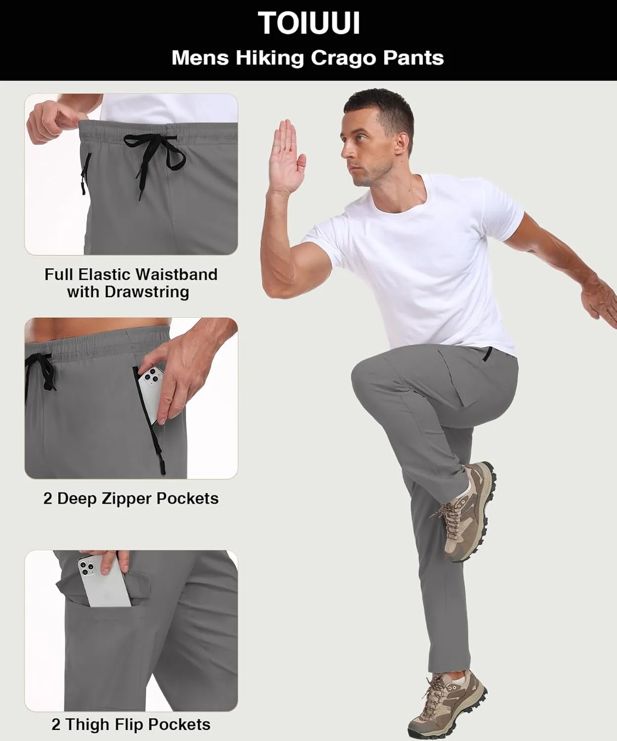 Hiking Pants Men Water Resistant Cargo Pants Lightweight Travel Pants with Zipper Pockets for Work Fishing Outdoor QYY24011