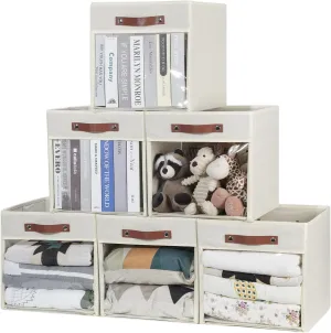 HNZIGE 13x13x13 Storage Cube Bins,Collapsible Storage Bins Fabric Cubes with Clear Windows, Cubby Decorative Cube Organizer Bin for Cube Storage Blanket Home (Cream 6PCS)