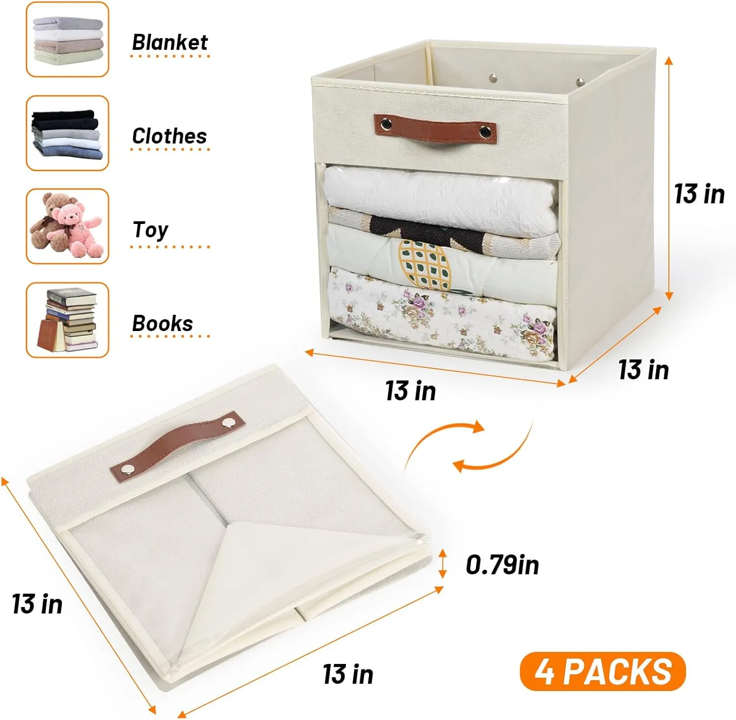 HNZIGE 13x13x13 Storage Cube Bins,Collapsible Storage Bins Fabric Cubes with Clear Windows, Cubby Decorative Cube Organizer Bin for Cube Storage Blanket Home (Cream 6PCS)