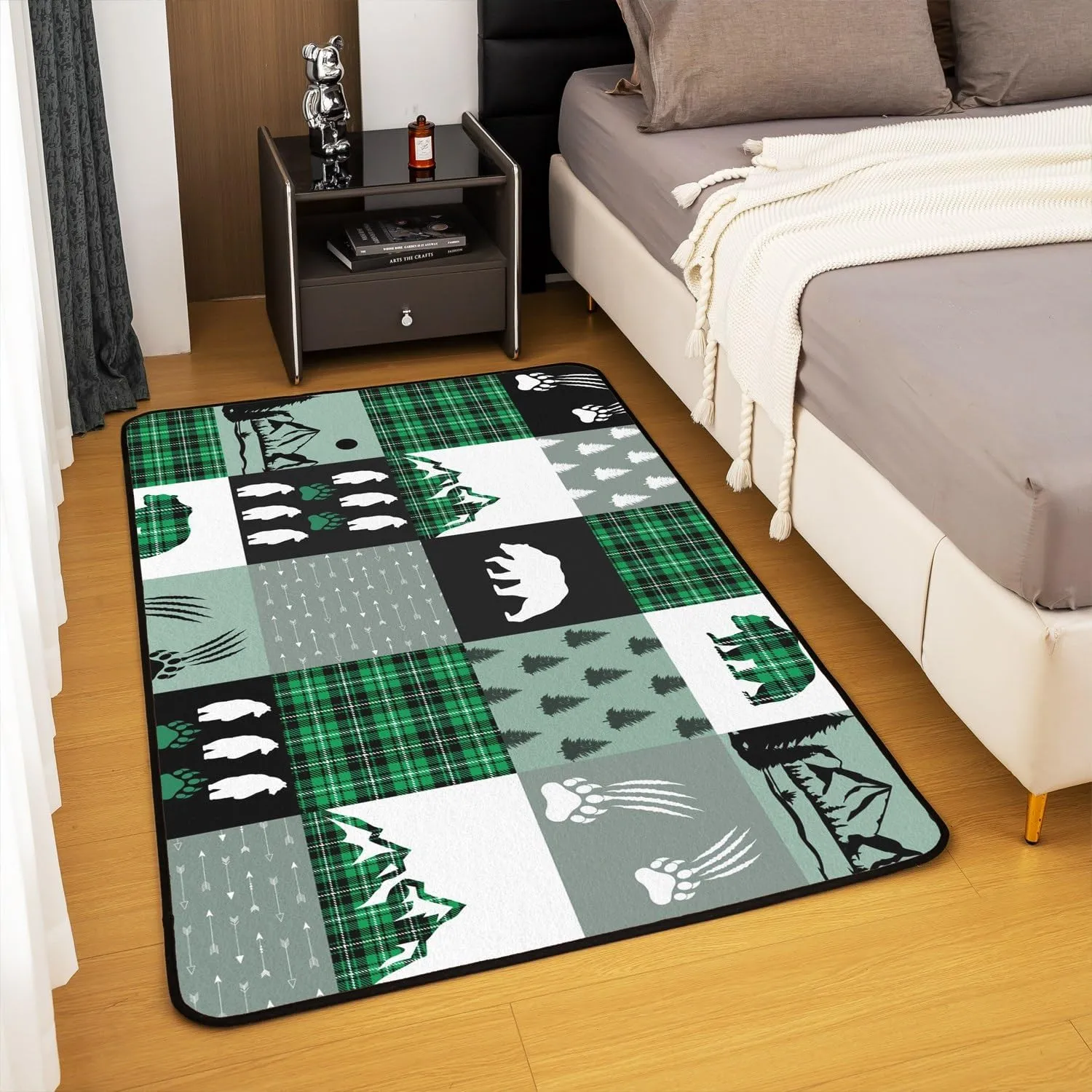 Homewish Jungle Cabin Area Rug Wild Bear Cartoon Animals Paw Print Non Slip Rug for Living Room Retro Green Black Plaid Rustic Farmhouse Indoor Floor Mat for Bed Office 150cm X 200cm X 1cm