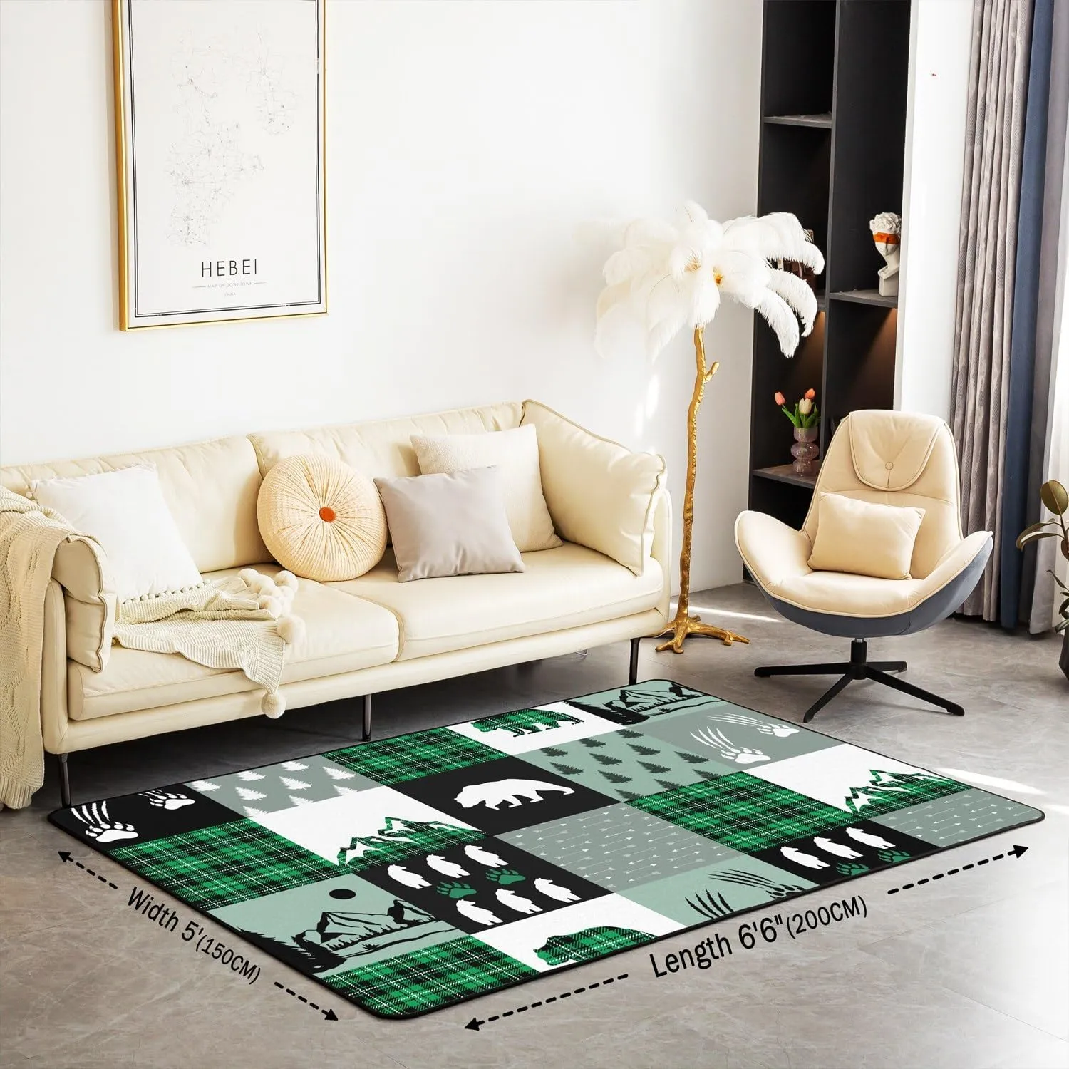 Homewish Jungle Cabin Area Rug Wild Bear Cartoon Animals Paw Print Non Slip Rug for Living Room Retro Green Black Plaid Rustic Farmhouse Indoor Floor Mat for Bed Office 150cm X 200cm X 1cm