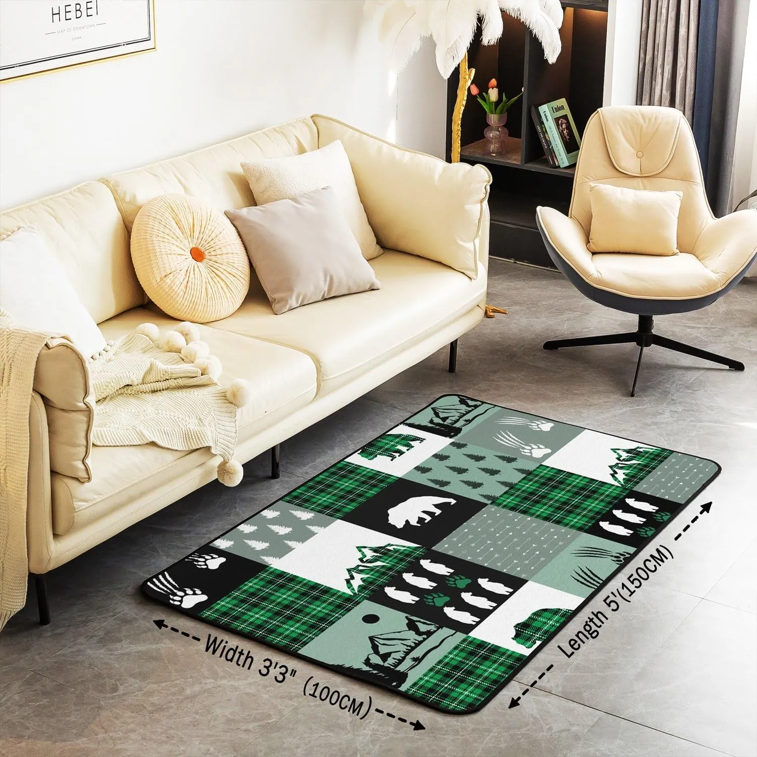 Homewish Jungle Cabin Area Rug Wild Bear Cartoon Animals Paw Print Non Slip Rug for Living Room Retro Green Black Plaid Rustic Farmhouse Indoor Floor Mat for Bed Office 150cm X 200cm X 1cm