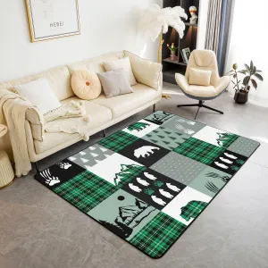 Homewish Jungle Cabin Area Rug Wild Bear Cartoon Animals Paw Print Non Slip Rug for Living Room Retro Green Black Plaid Rustic Farmhouse Indoor Floor Mat for Bed Office 150cm X 200cm X 1cm
