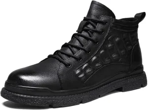 HOOENG Lace Up Round Toe Boots for Men Derby Crocodile Print Cowhide Leather Block Heel Non Slip Vintage Dress Formal (Color : Black Lined, Size : 9)